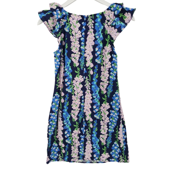 Lilly Pulitzer Size XS Blue Floral Dress with Belt 100% Rayon Ruffled Sleeve - Picture 2 of 10